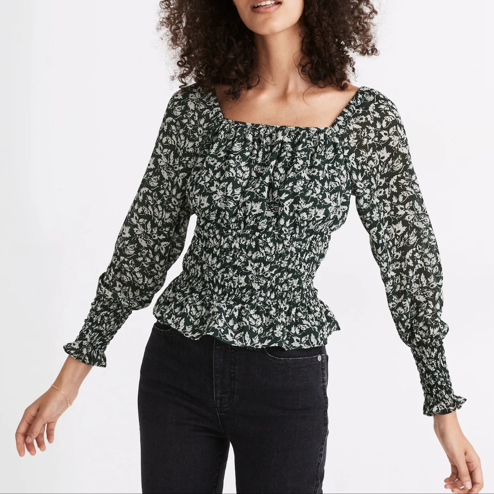 Madewell Georgette Square Neck Smock Waist Top in Forest Leaves